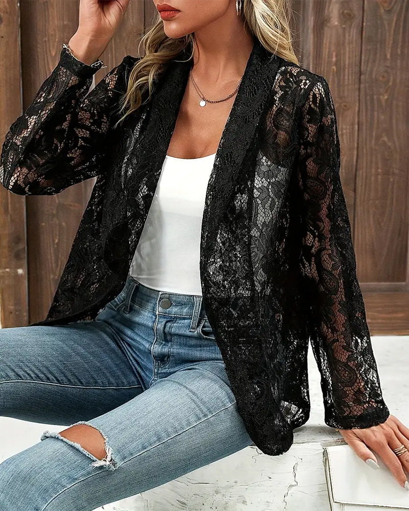 Solid color floral lace lapel elegant coat