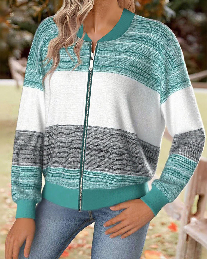 Color Block Striped Zip Coat