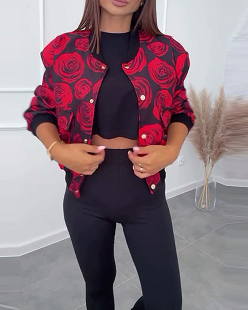 Rose print button casual jacket