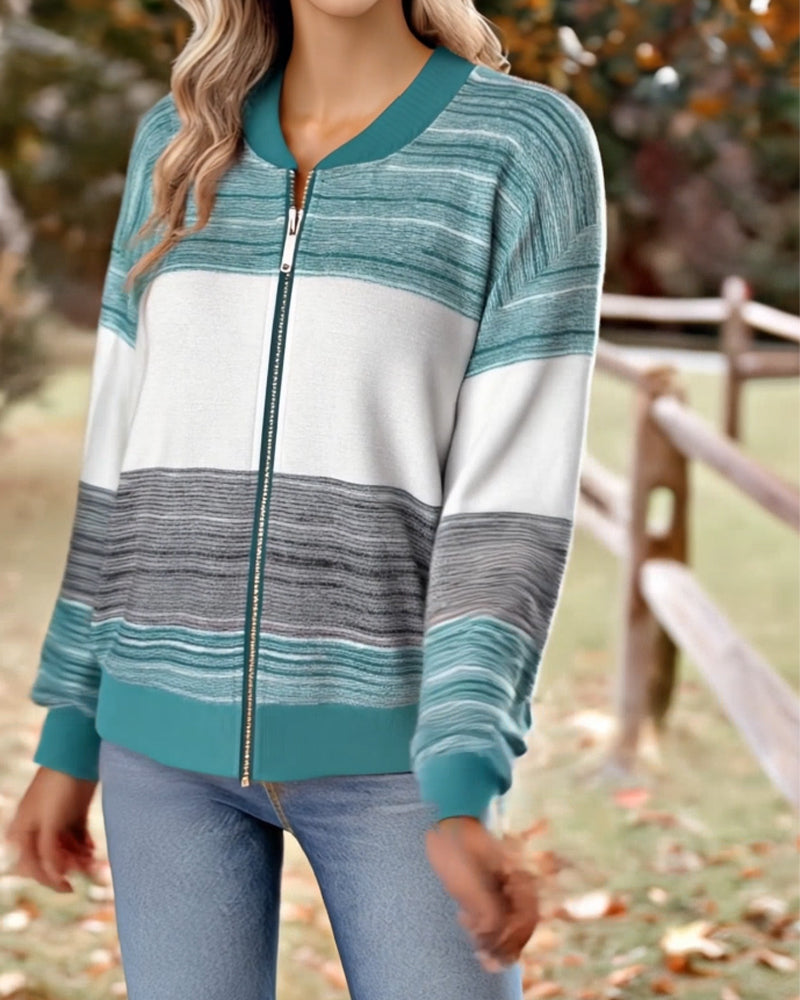 Color Block Striped Zip Coat