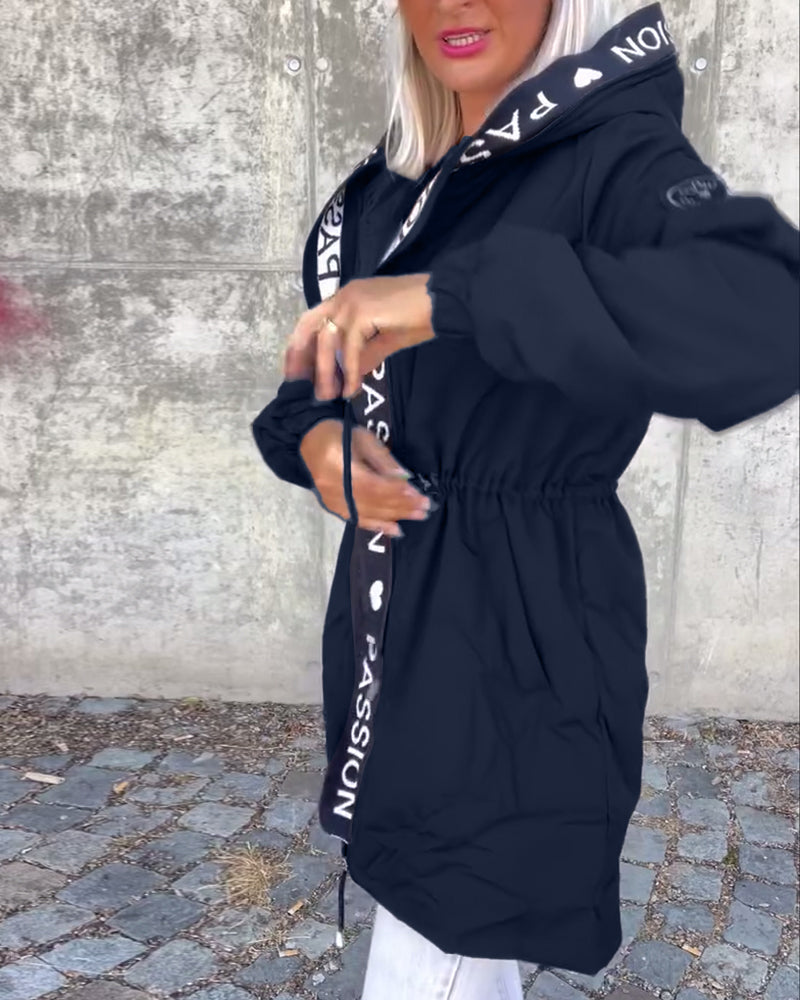 Casual letter print drawstring hooded coat