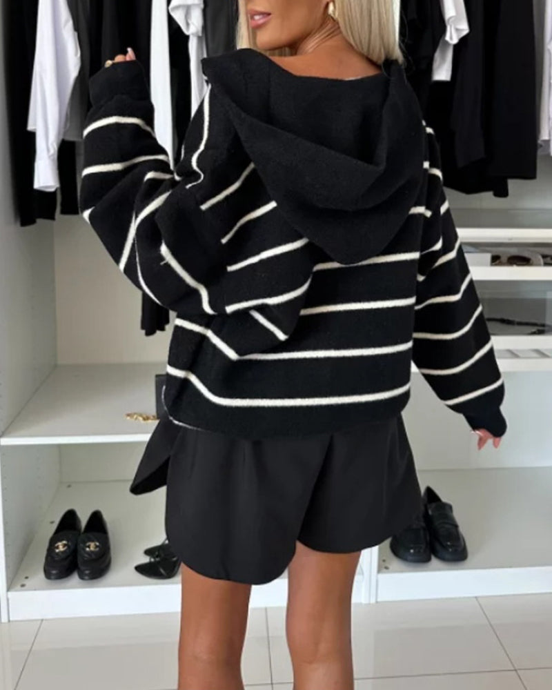 Striped casual pocket hooded button jacket