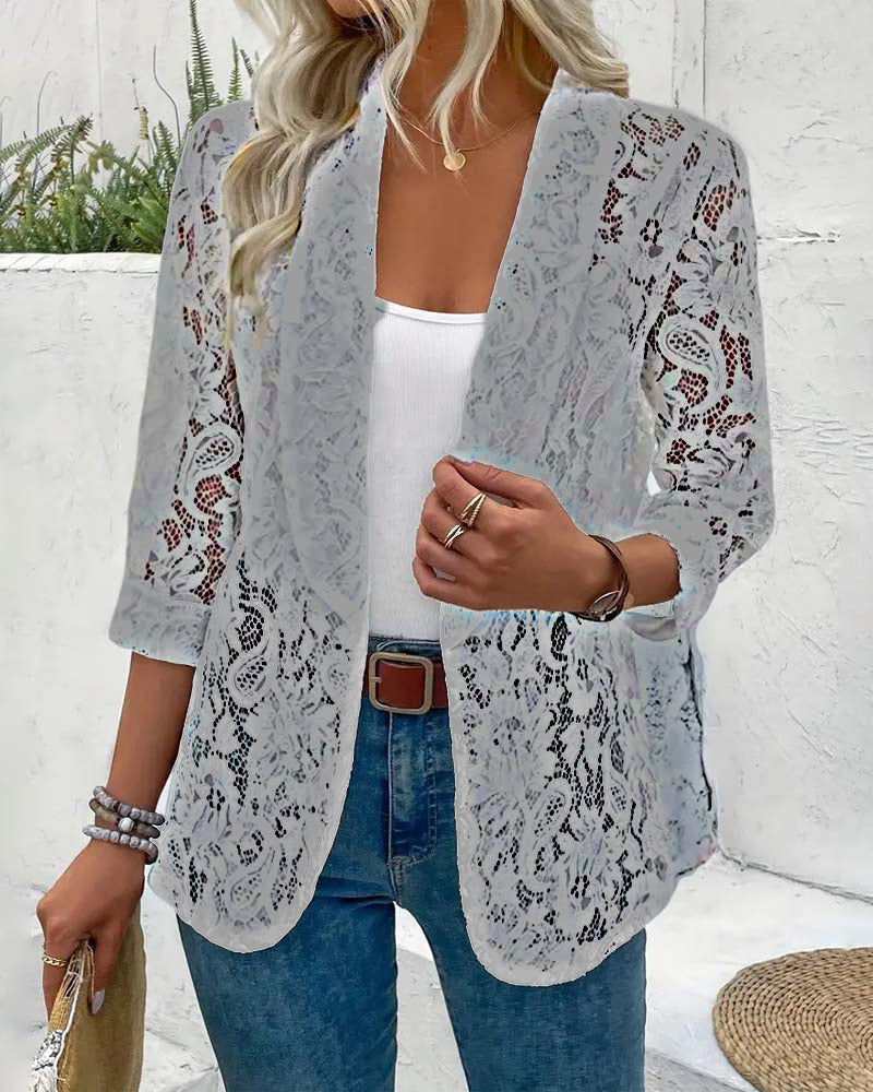 Solid color floral lace lapel elegant coat