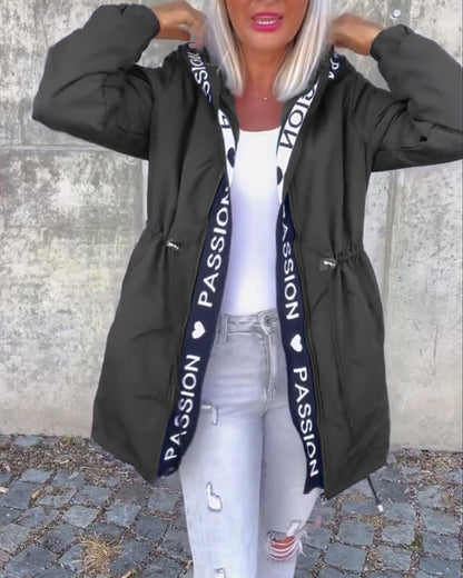 Casual letter print drawstring hooded coat