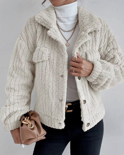 Casual solid color lapel button long sleeve thickened coat