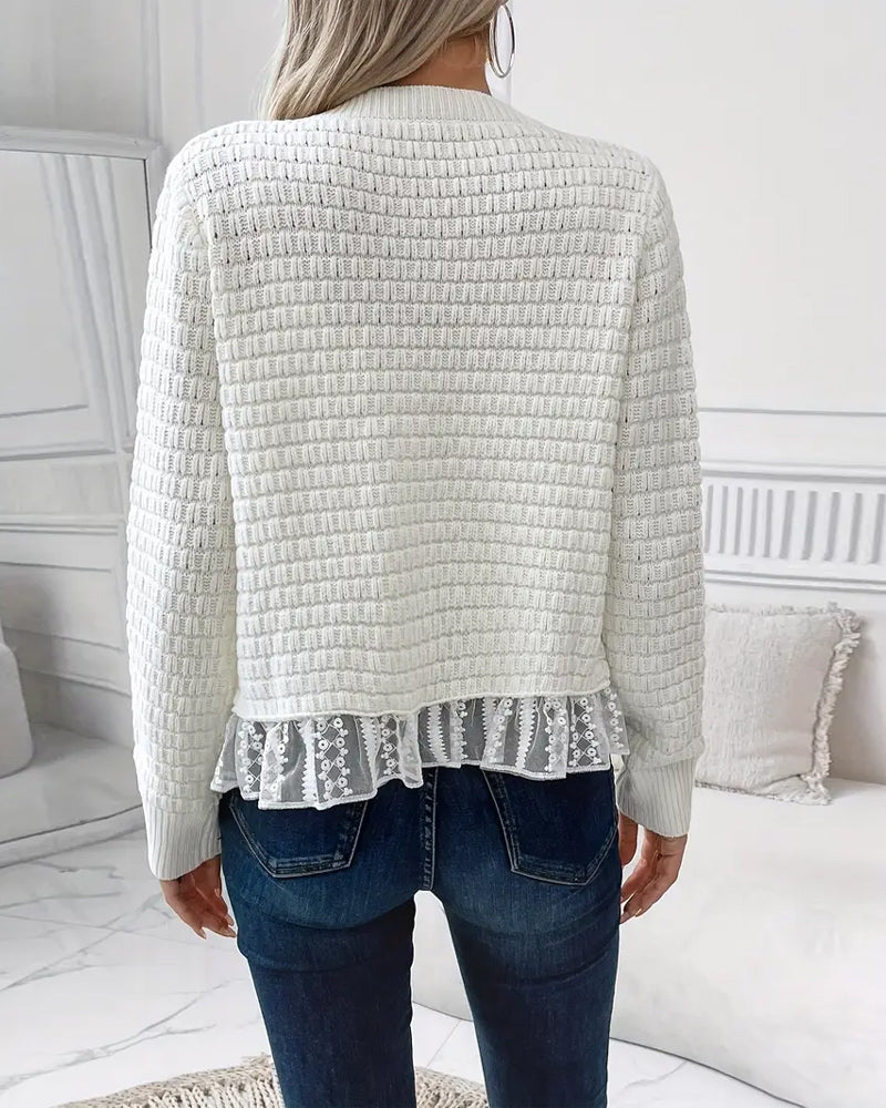 Long-Sleeved Lace-Paneled Sweater Coat