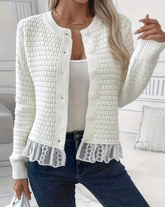 Long-Sleeved Lace-Paneled Sweater Coat