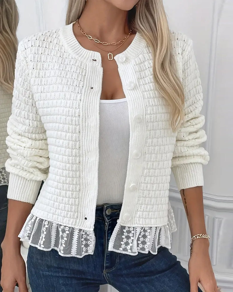 Long-Sleeved Lace-Paneled Sweater Coat