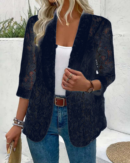 Solid color floral lace lapel elegant coat