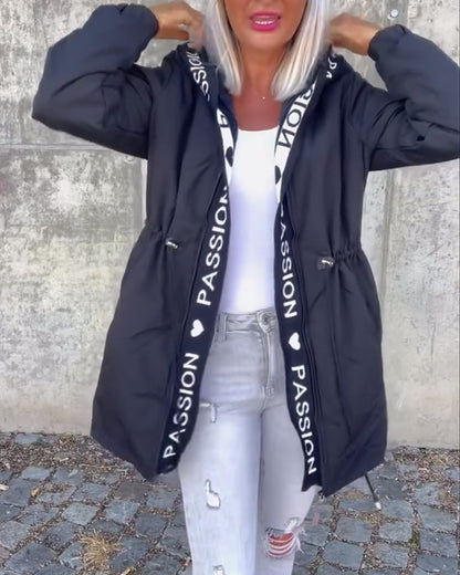 Casual letter print drawstring hooded coat