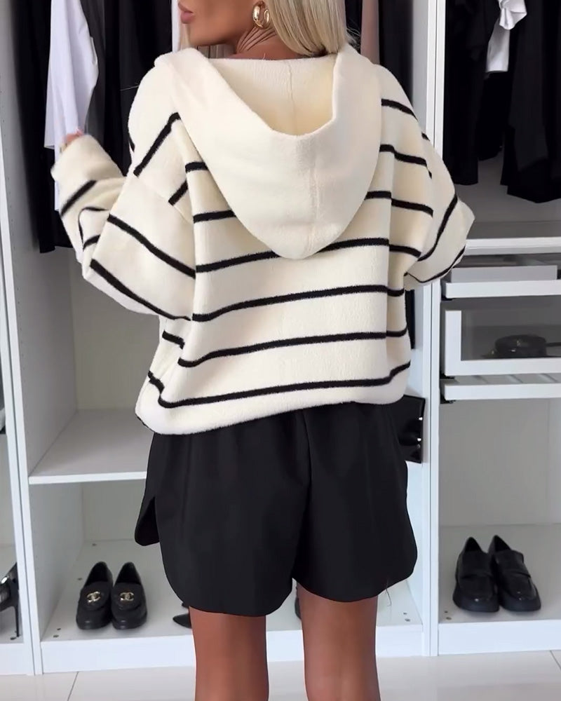 Striped casual pocket hooded button jacket