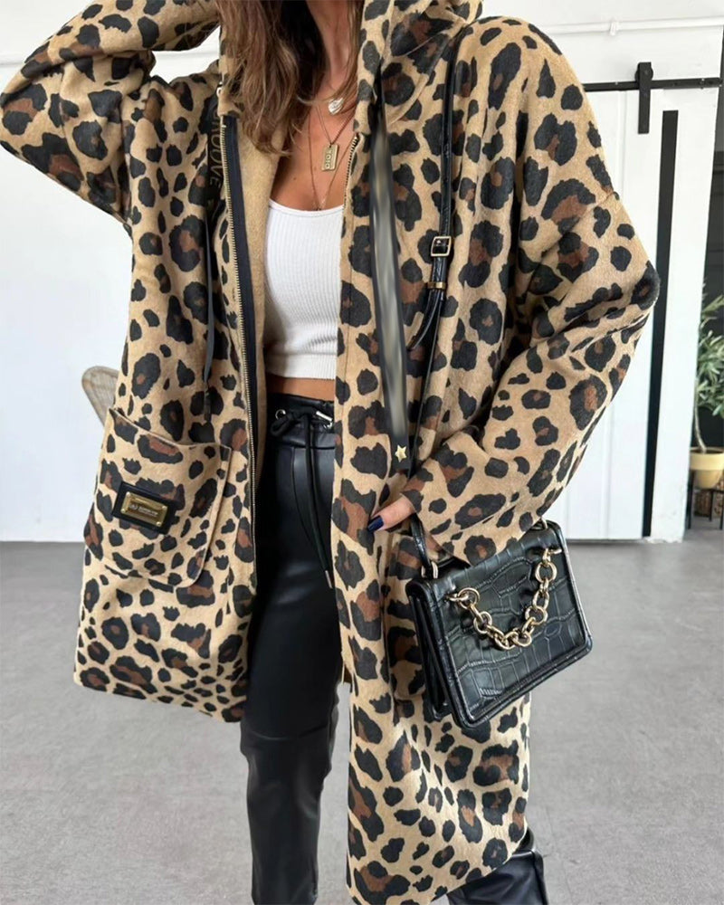 Casual leopard print pocket hooded coat