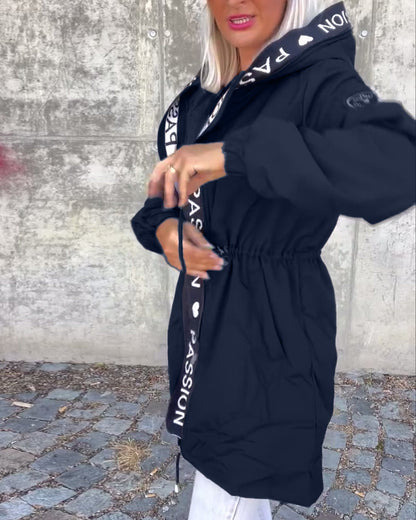 Casual letter print drawstring hooded coat