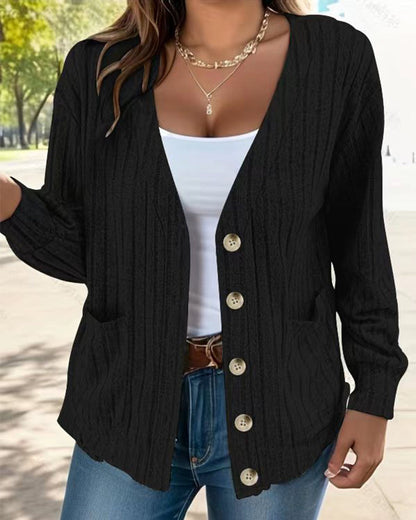 Solid color V-neck long-sleeved coat