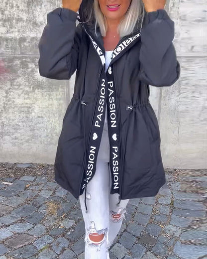 Casual letter print drawstring hooded coat