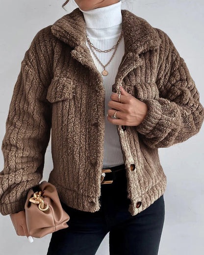 Casual solid color lapel button long sleeve thickened coat