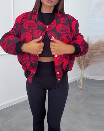 Rose print button casual jacket