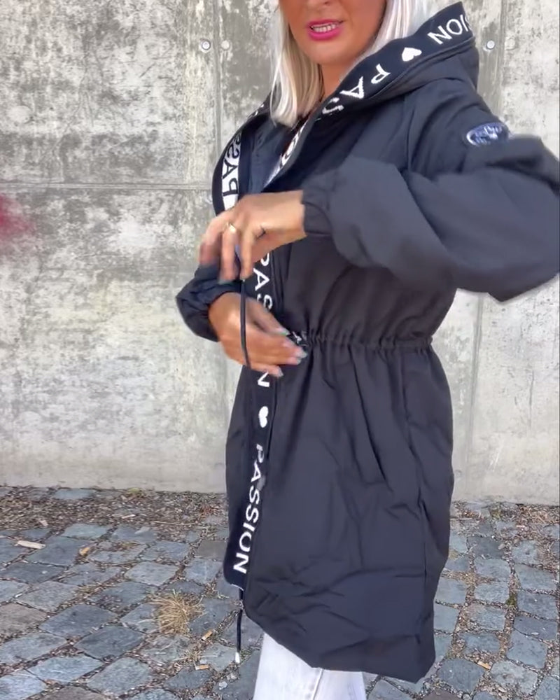 Casual letter print drawstring hooded coat