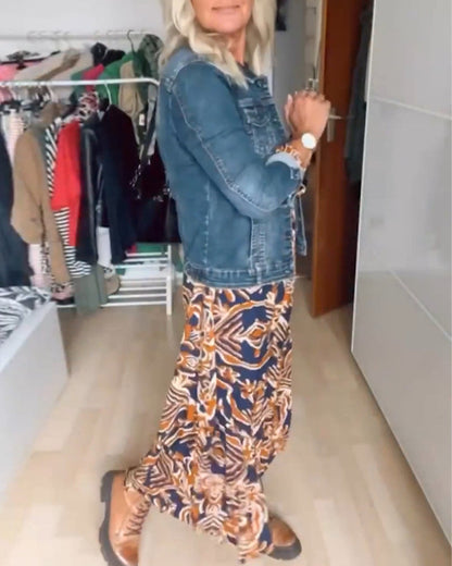 Casual lapel buttoned long sleeve denim coat