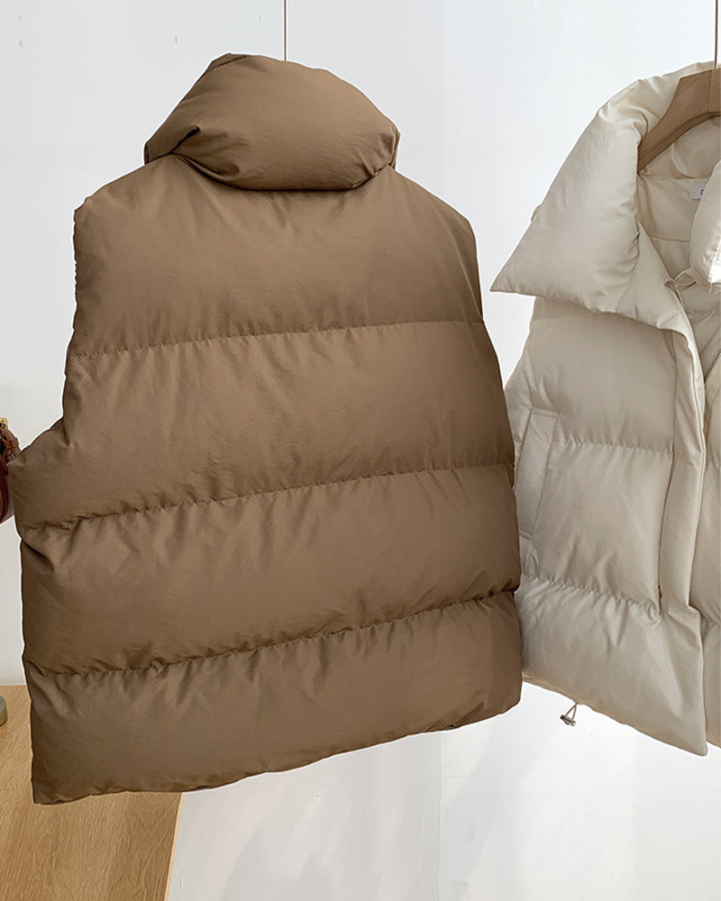 Simple solid color zipper pocket sleeveless padded jacket